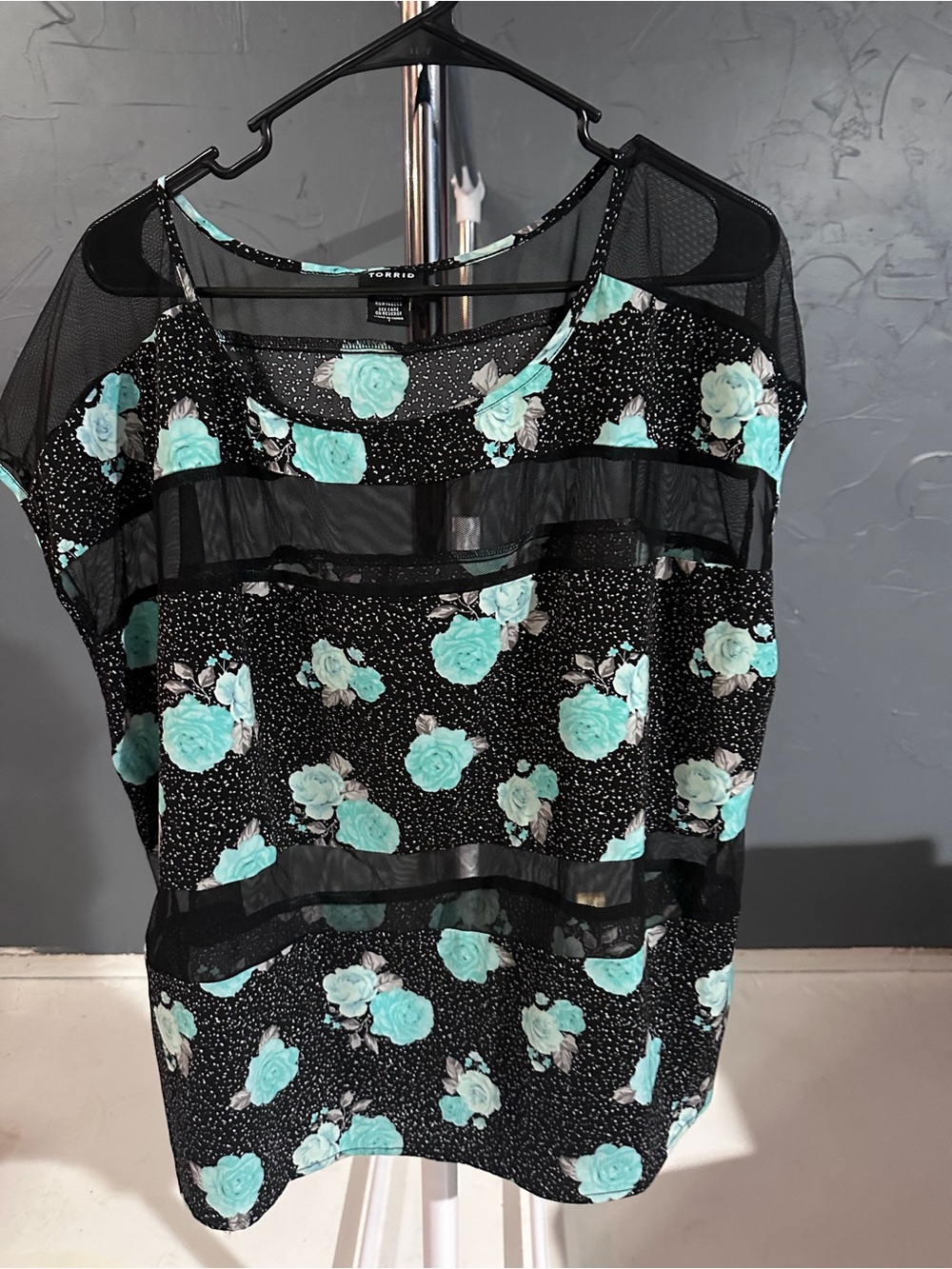 torrid Black Mesh Floral Top with Teal Roses